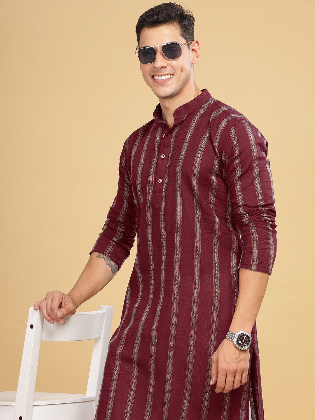 

Anouk Maroon Striped Band Collar Cotton Straight Kurta
