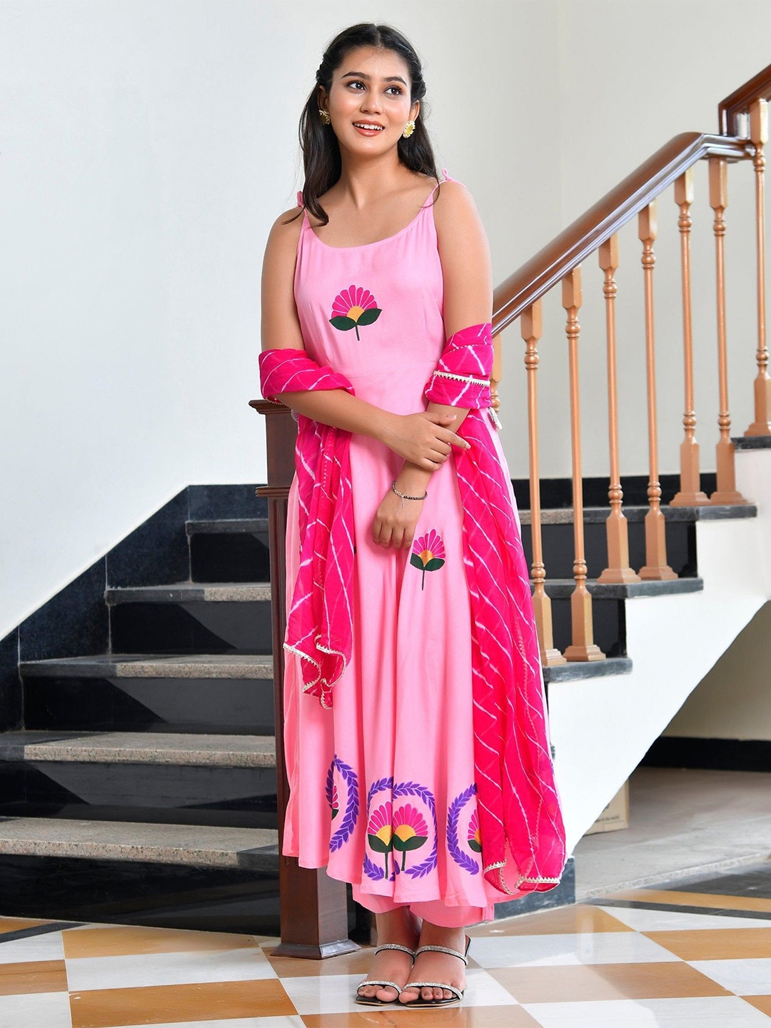 

Thread & Button Merry Floral Printed Gotta Patti Anarkali Kurta With Trousers & Dupatta, Pink