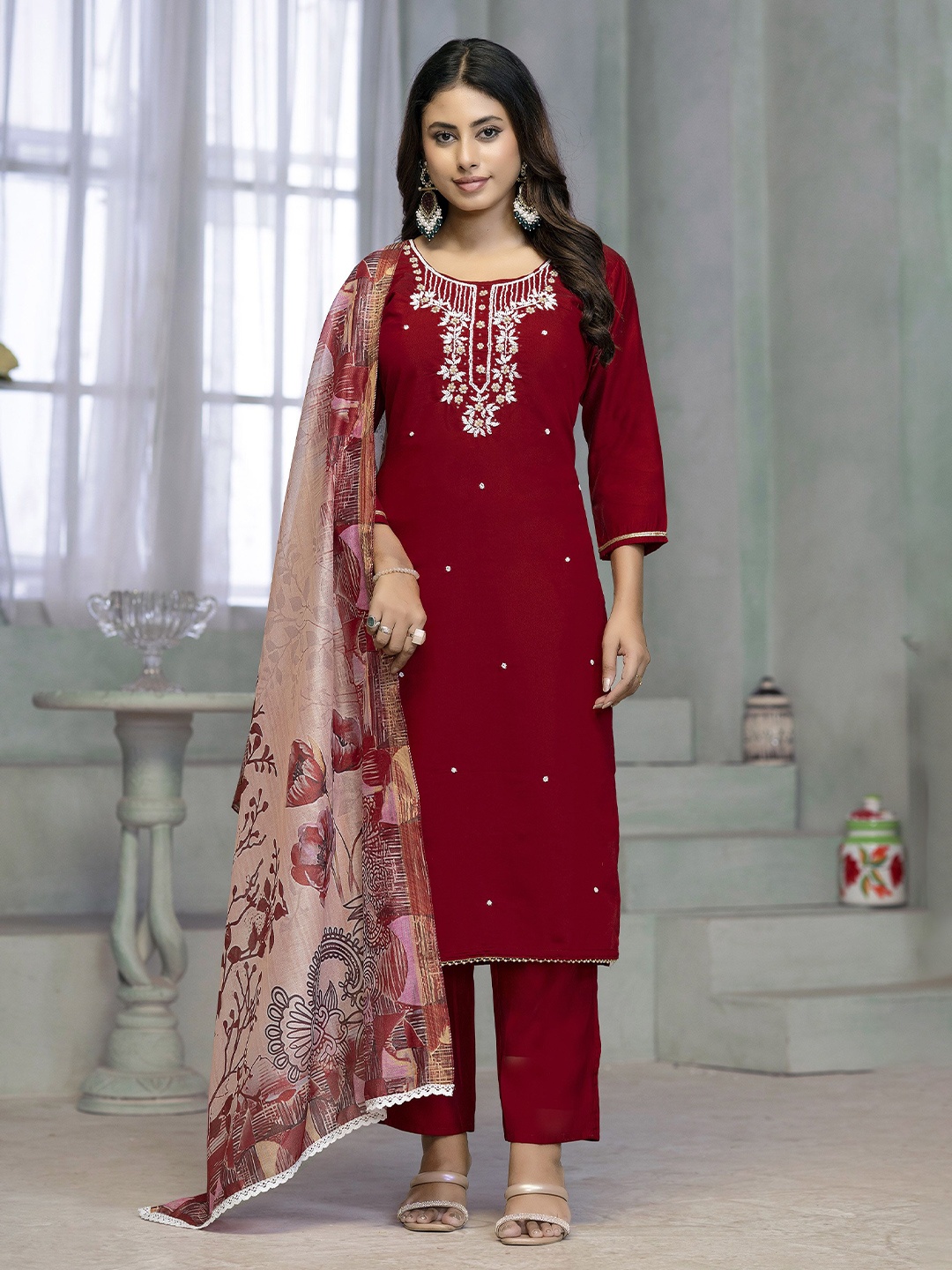 

MANVAA Women Embroidered Kurta & Trouser with Dupatta, Red