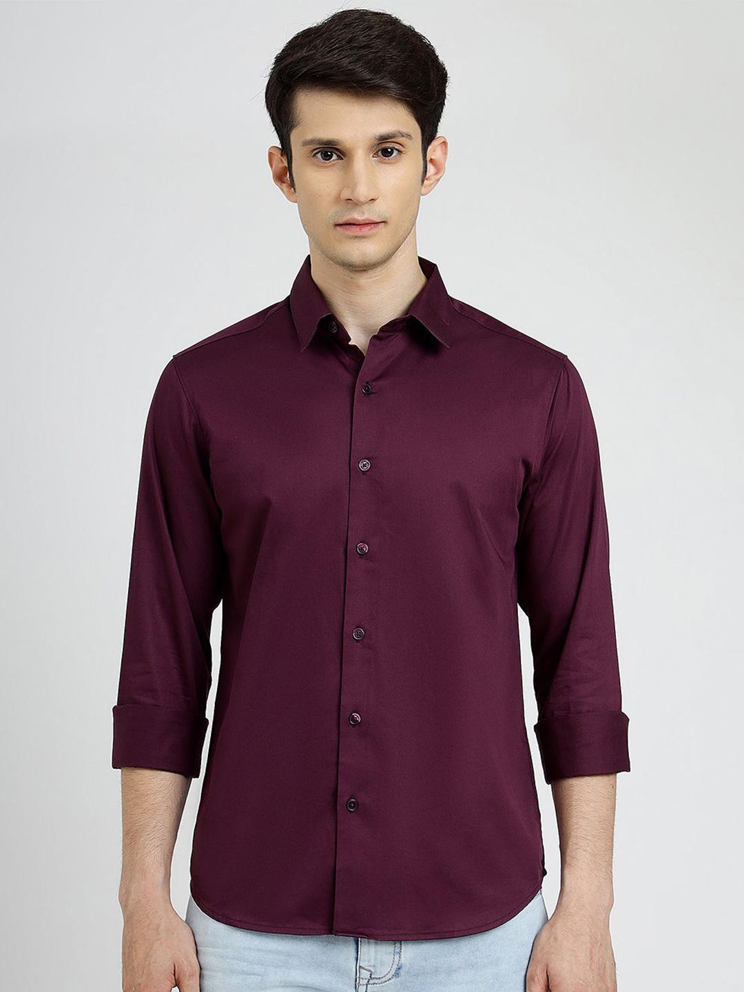 

Greenfibre Men Spread Collar Solid Cotton Slim Fit Casual Shirt, Maroon