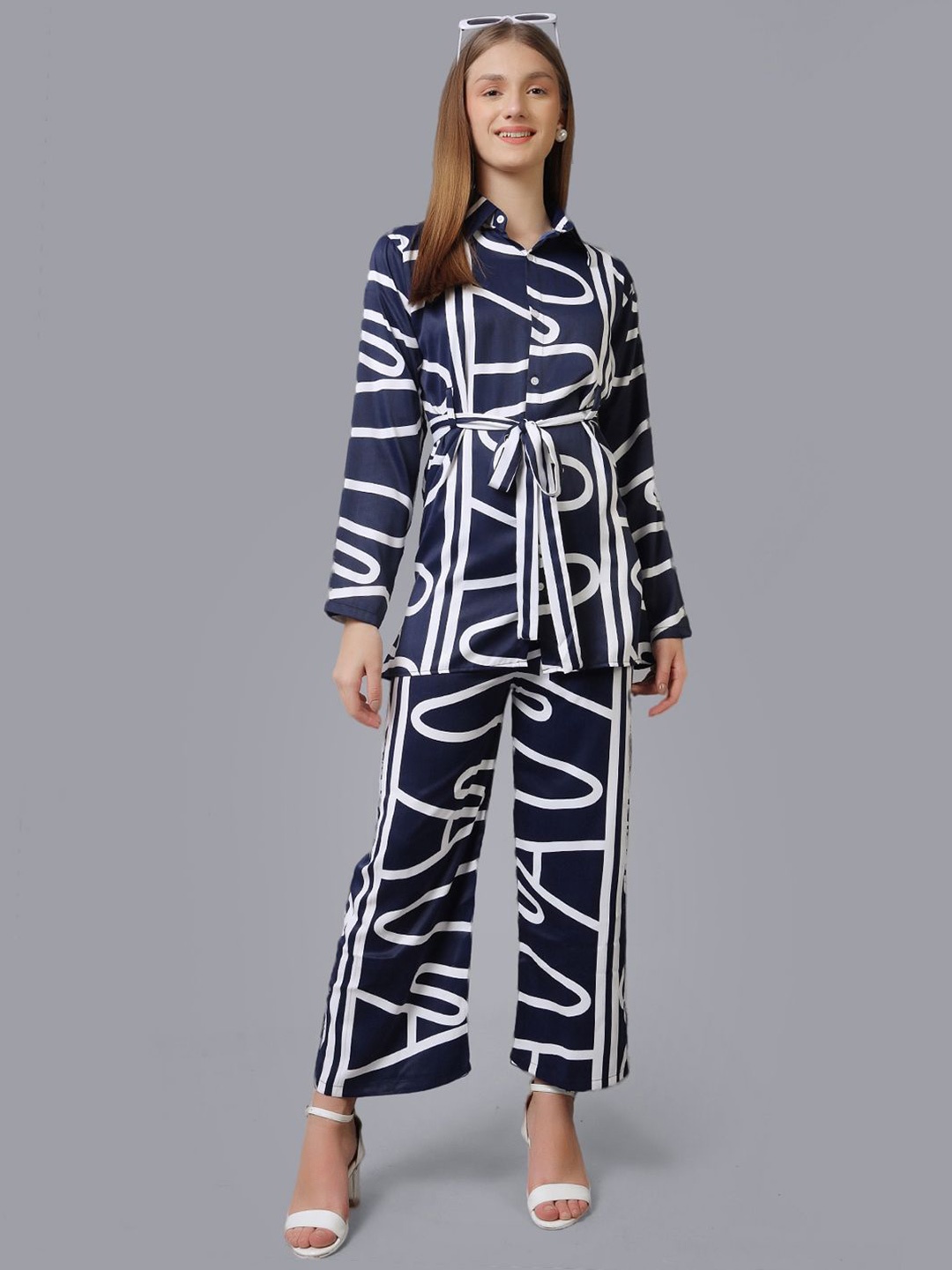 

Softwrap Printed Collar Shirt With Trousers Belted Co-Ords, Navy blue