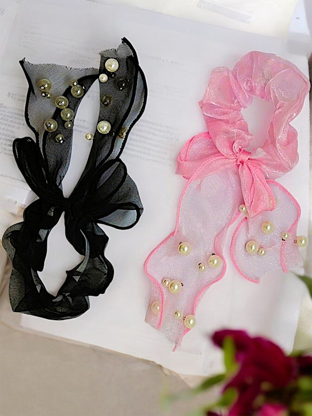 

9blings Women Set of 2 Bow Beaded Ponytail Holders, Pink