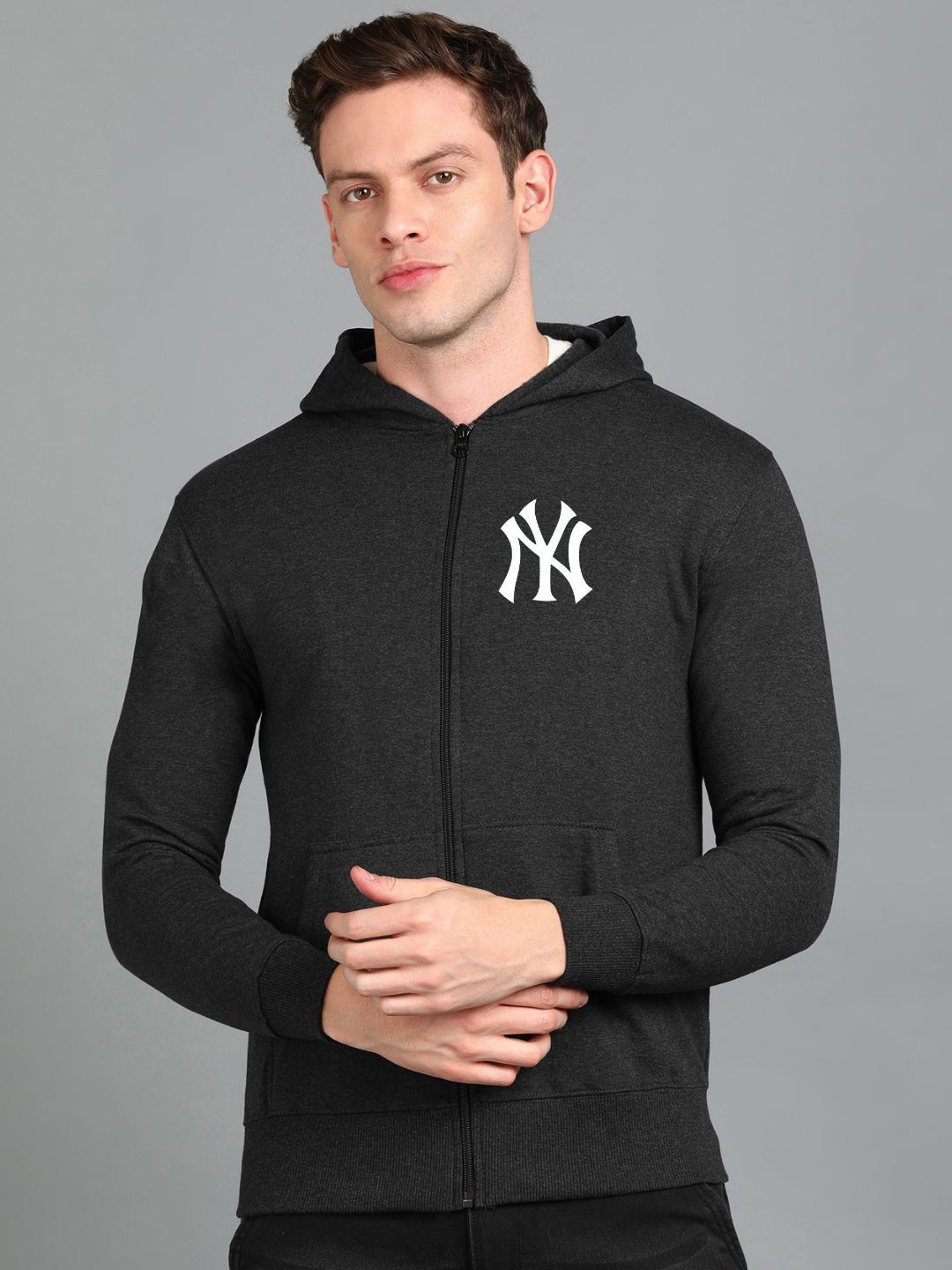 

FALTU.CO Men Printed Zip Detail Hooded Cotton Sweatshirt, Charcoal