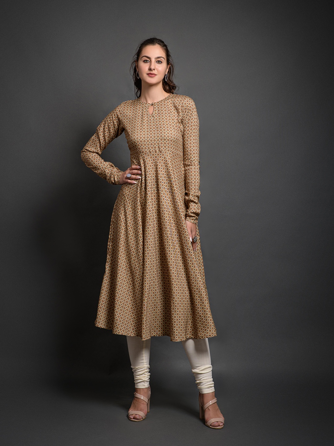 

Shree Shyam Febric Printed Full Sleeve Anarkali Kurta, Beige