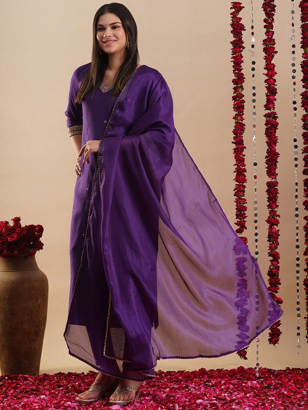 

KALINI Floral Embroidered Straight Kurta with Trousers & Dupatta, Purple