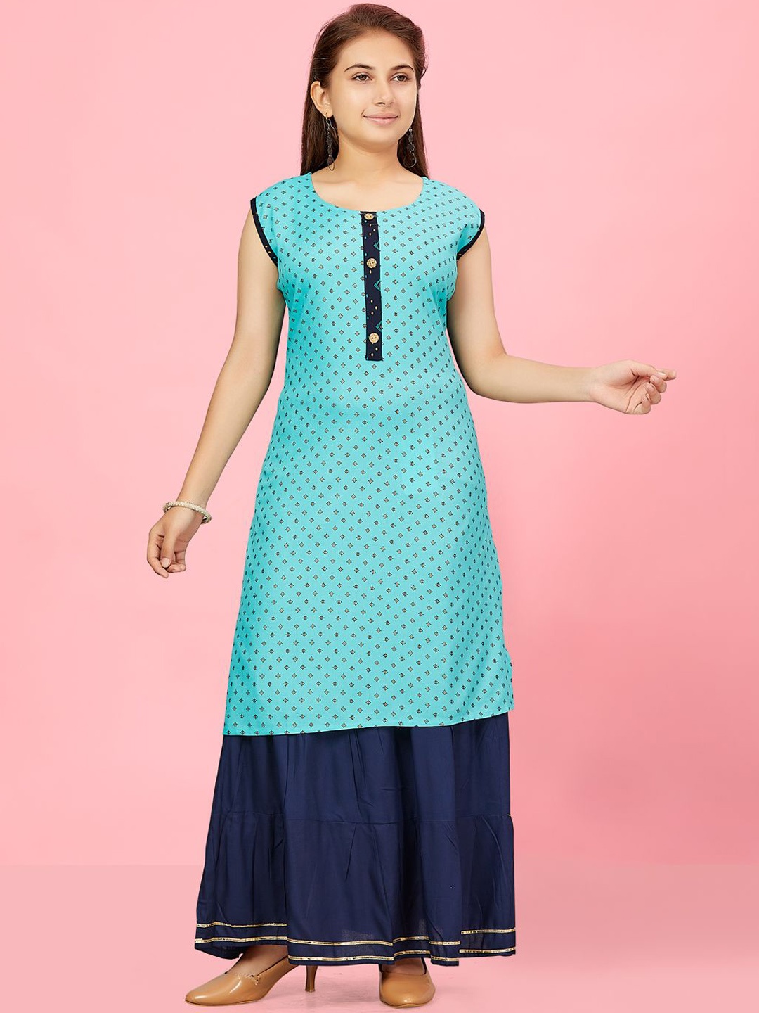 

BAESD Girls Ethnic Motifs Printed Sleeveless Cotton Straight Kurta, Turquoise blue