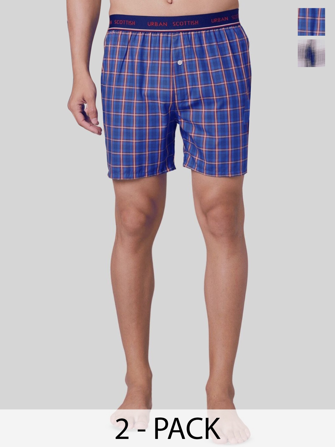 

URBAN SCOTTISH Men Pack Of 2 Checked Cotton BoxersUSBS4143, Blue