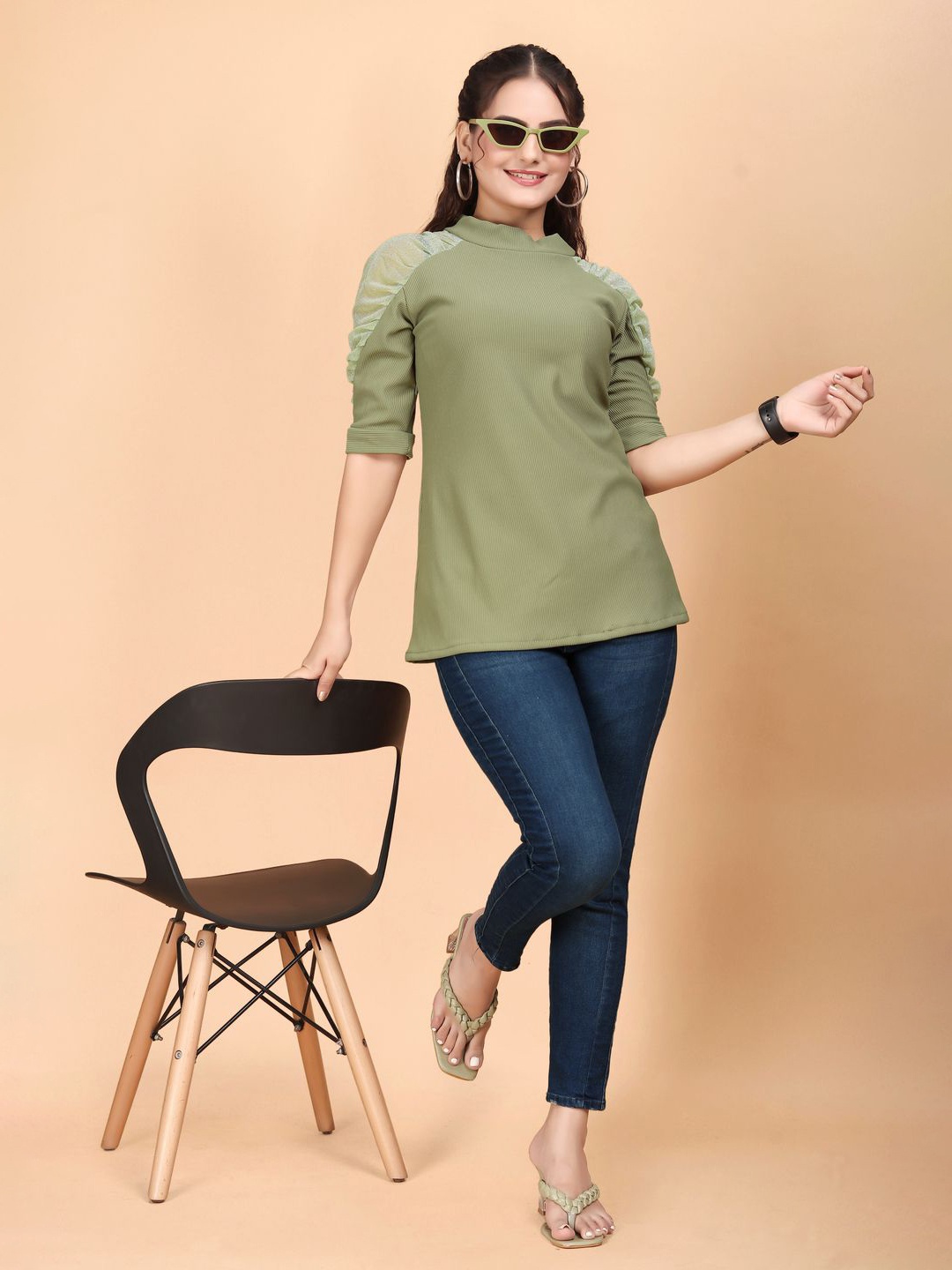 

ANJAVI FASHION Women Solid Round Neck Top, Green