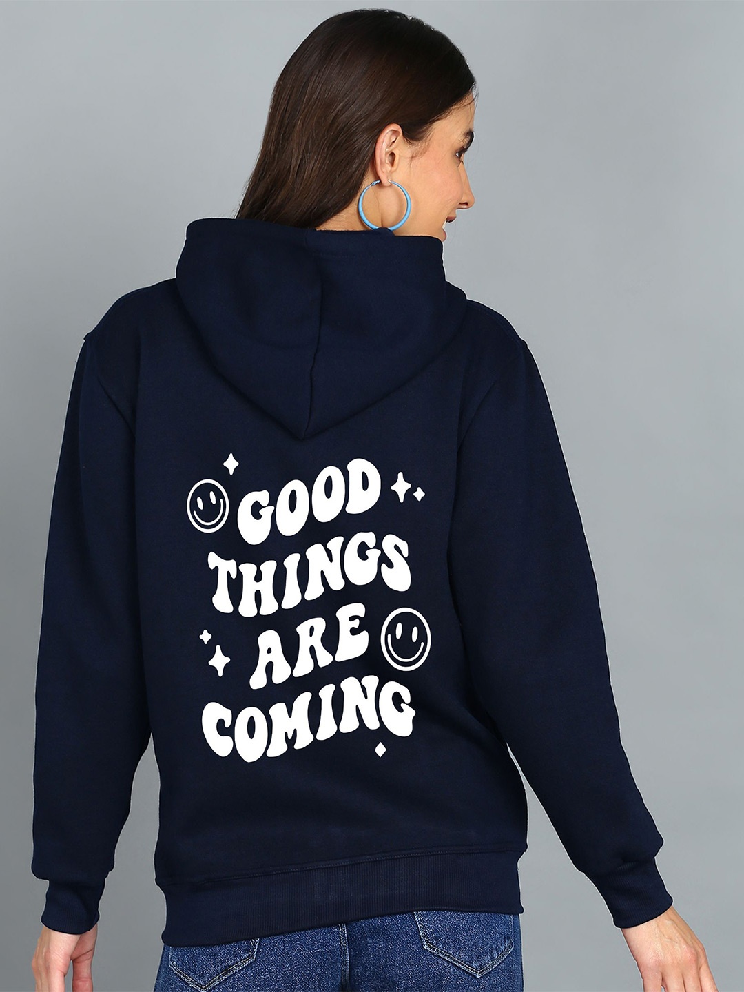 

FALTU.CO Women Typography Printed Zip Detail Hooded Cotton Sweatshirt, Navy blue