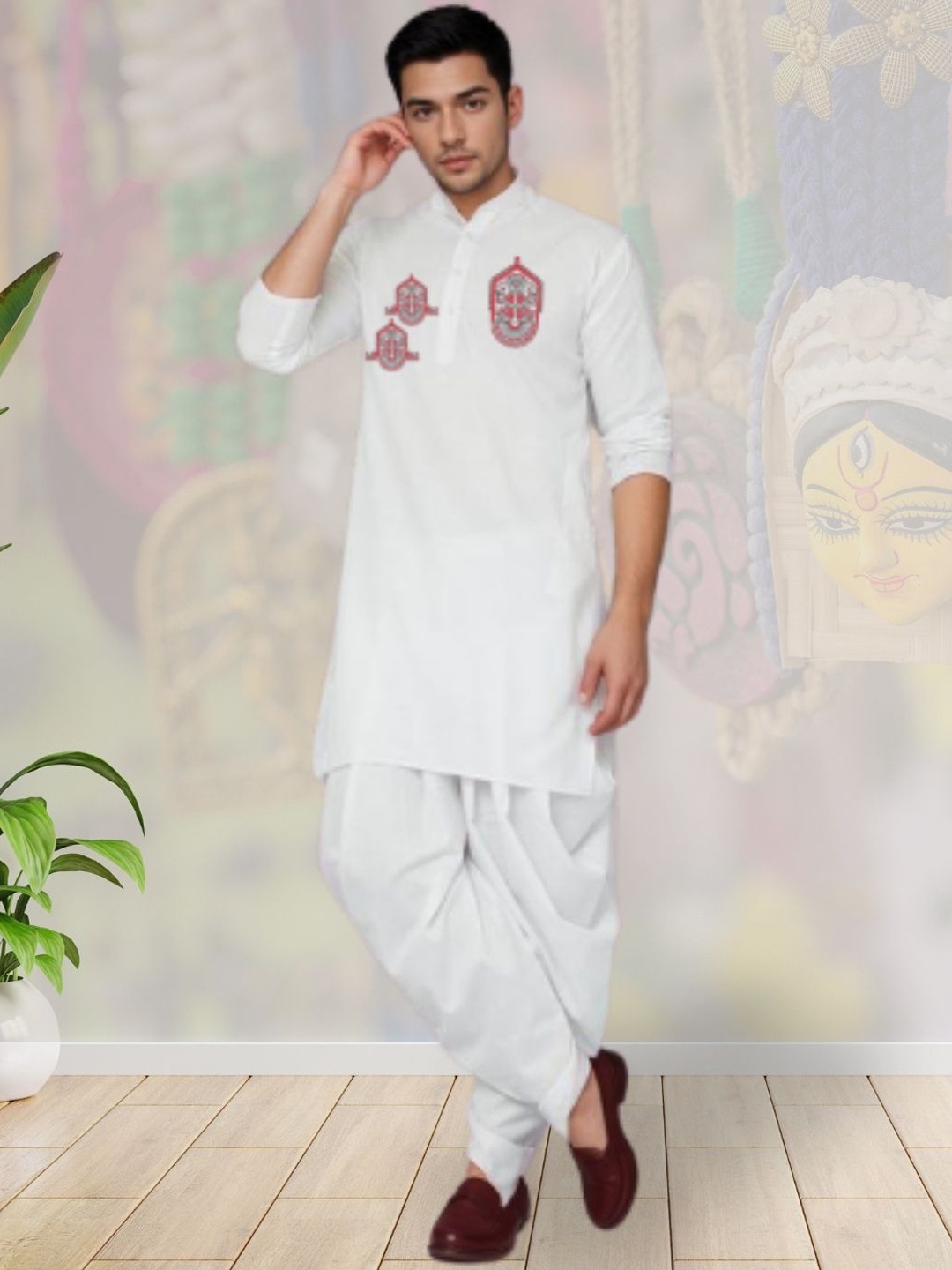 

DEVOILER Ethnic Motifs Printed Mandarin Collar Cotton Straight Kurta, White