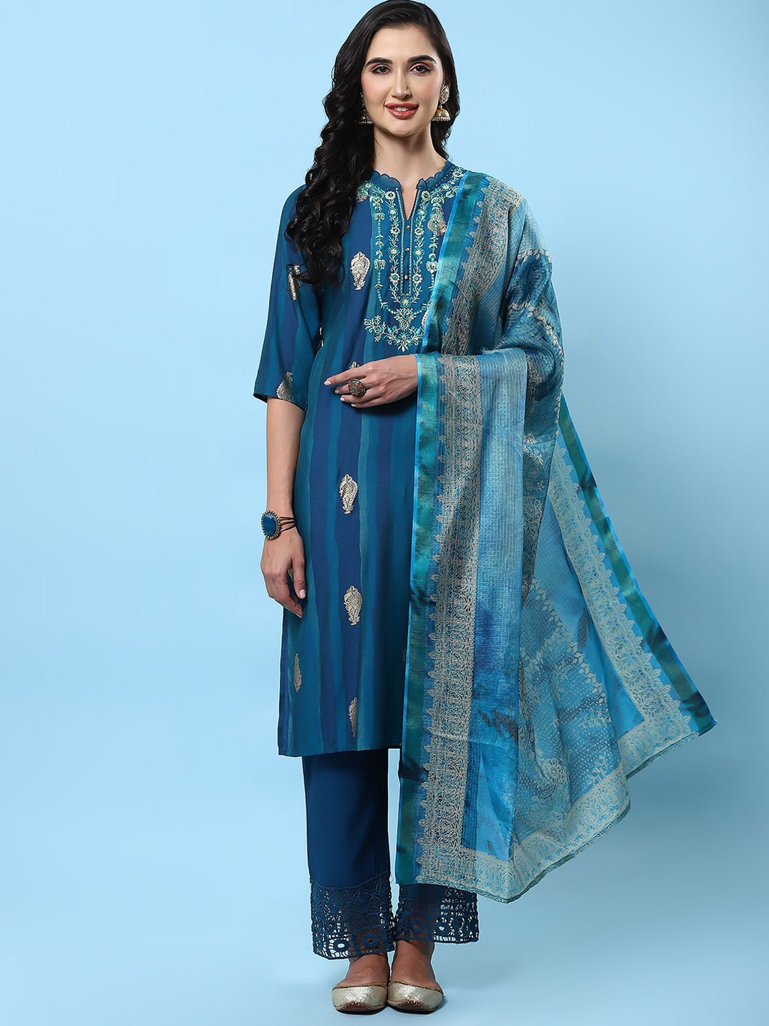 

Shree Ethnic Motifs Embroidered Regular Thread Work Straight Kurta with Trousers & Dupatta, Blue