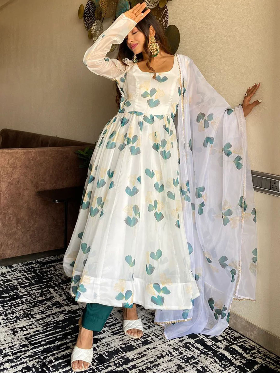 

KALINI Floral Printed Kurta with Pyjamas & Dupatta, White