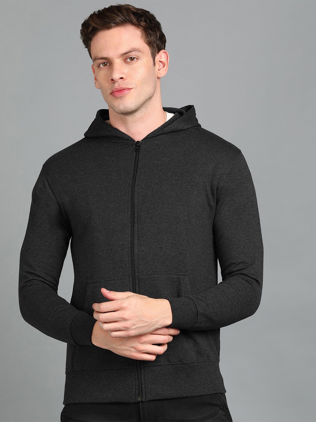 

FALTU.CO Men Solid Hooded Ribbed Cotton Sweatshirt, Charcoal