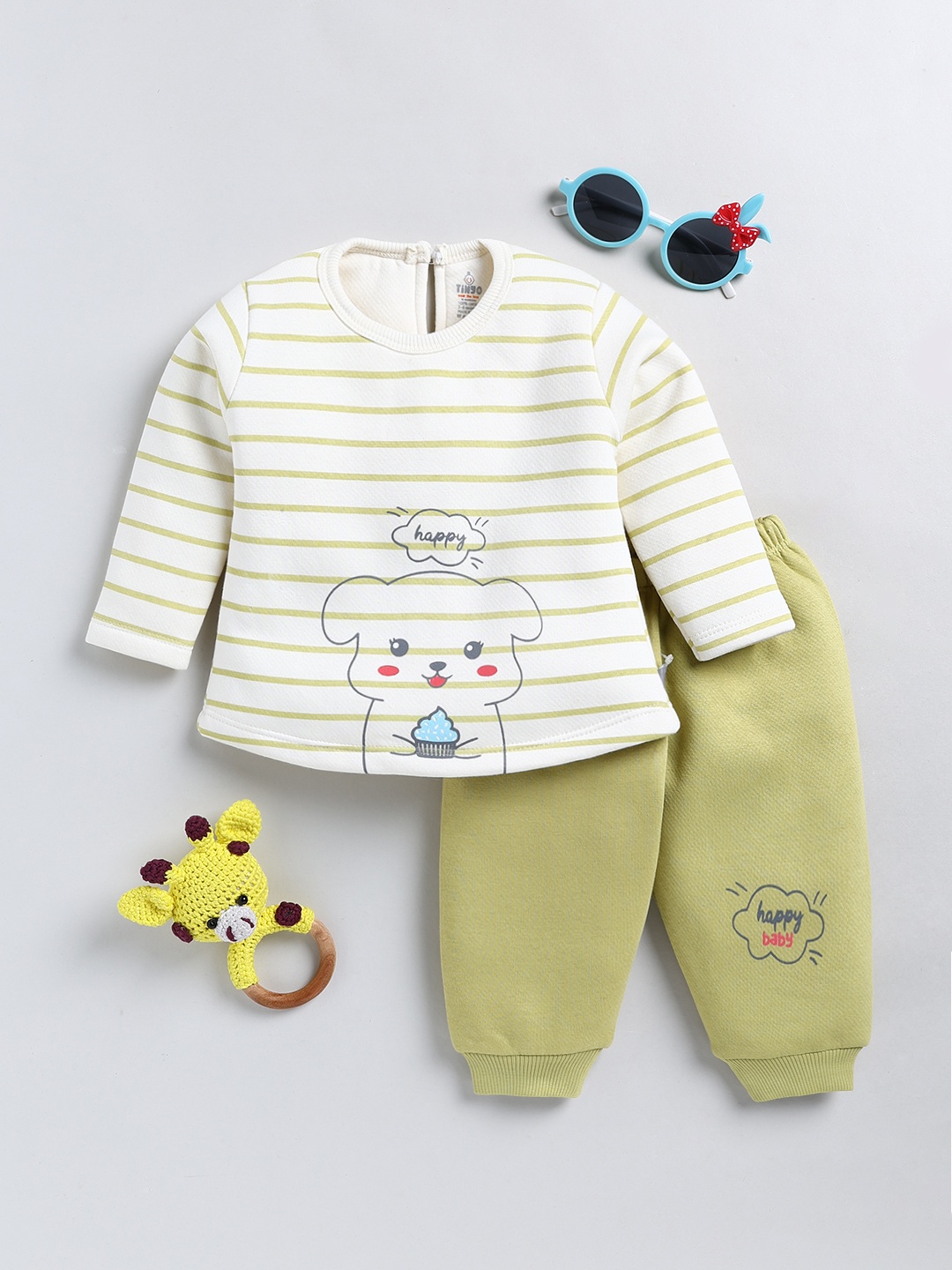 

YK X Tinyo Infant Girls Pure Cotton Printed Top & Joggers, Off white