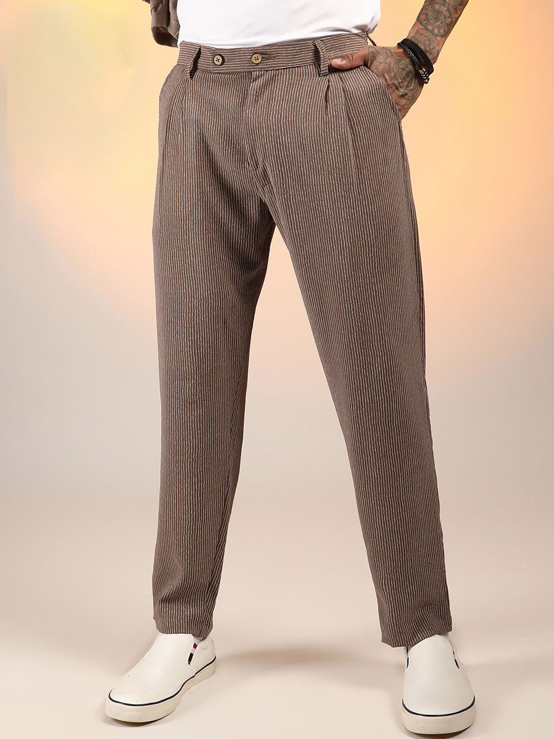 

Campus Sutra Men Striped Comfort Trousers, Brown