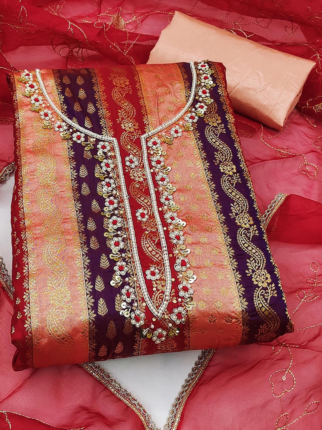 

Ishin Red Ethnic Motifs Embroidered Beads and Stones Unstitched Dress Material