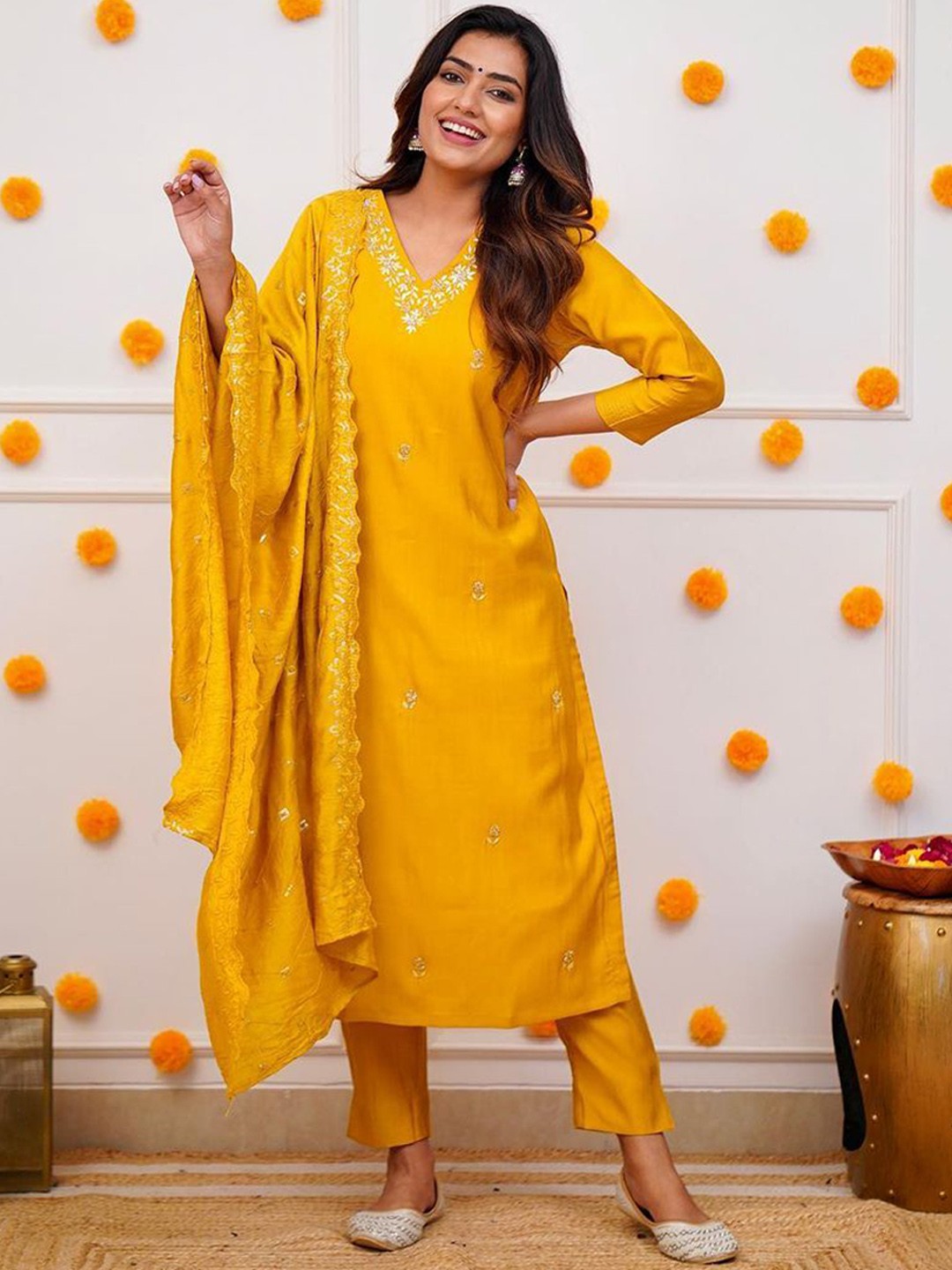 

KALINI Floral Embroidered V-Neck Sequinned Straight Kurta With Trousers & Dupatta, Yellow