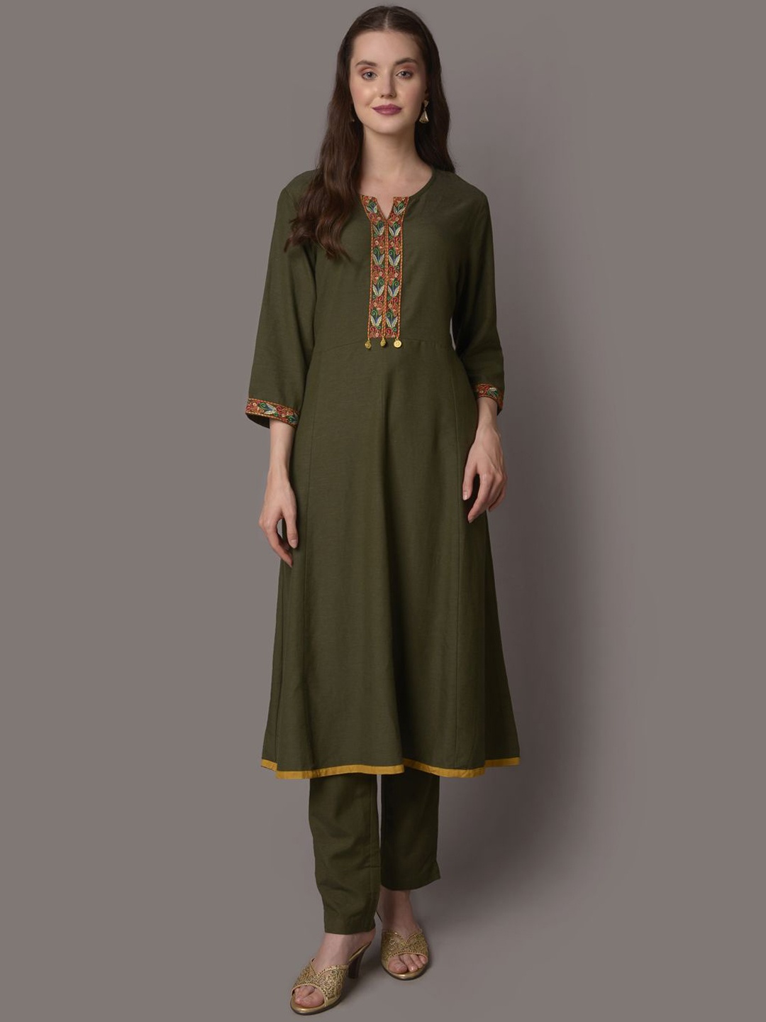 

Shree Floral Yoke Design Panelled Thread Work Liva Kurta With Trousers & Dupatta, Olive