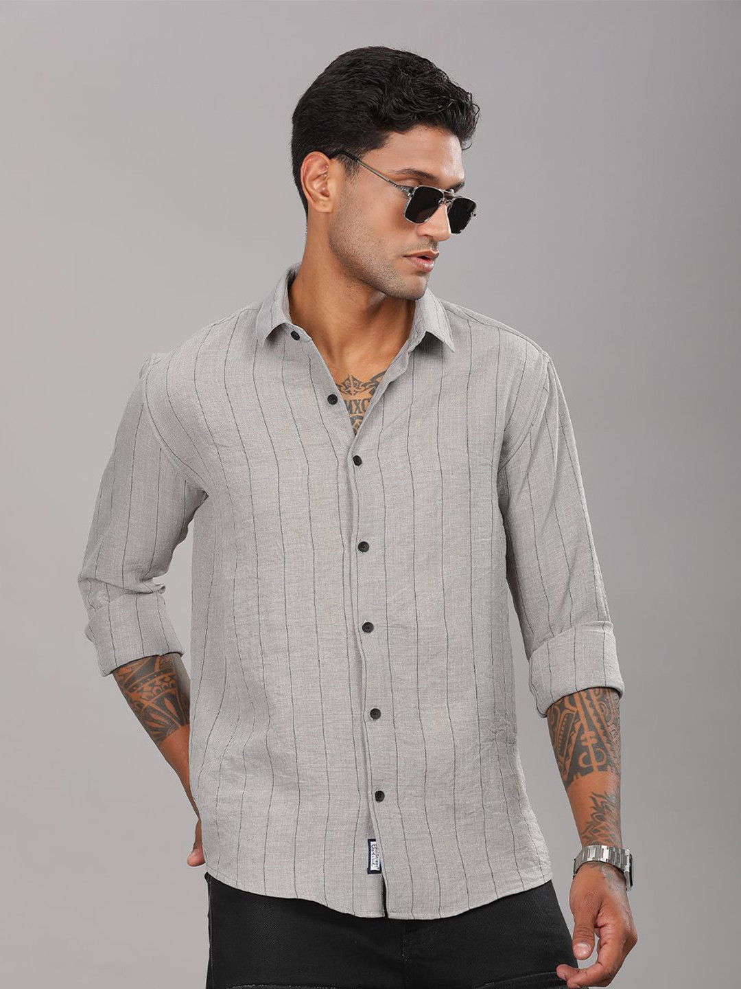

PAUL STREET Men Standard Spread Collar Vertical Striped Slim Fit Casual Shirt, Grey
