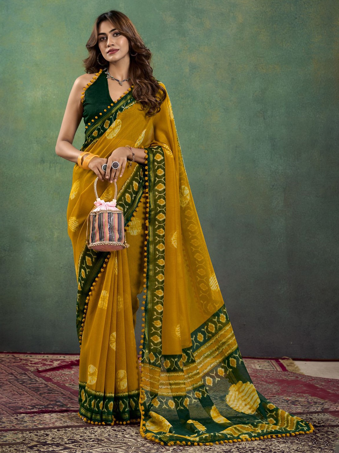 

CHUDIYA Batik Pure Cotton Block Printed Saree, Mustard