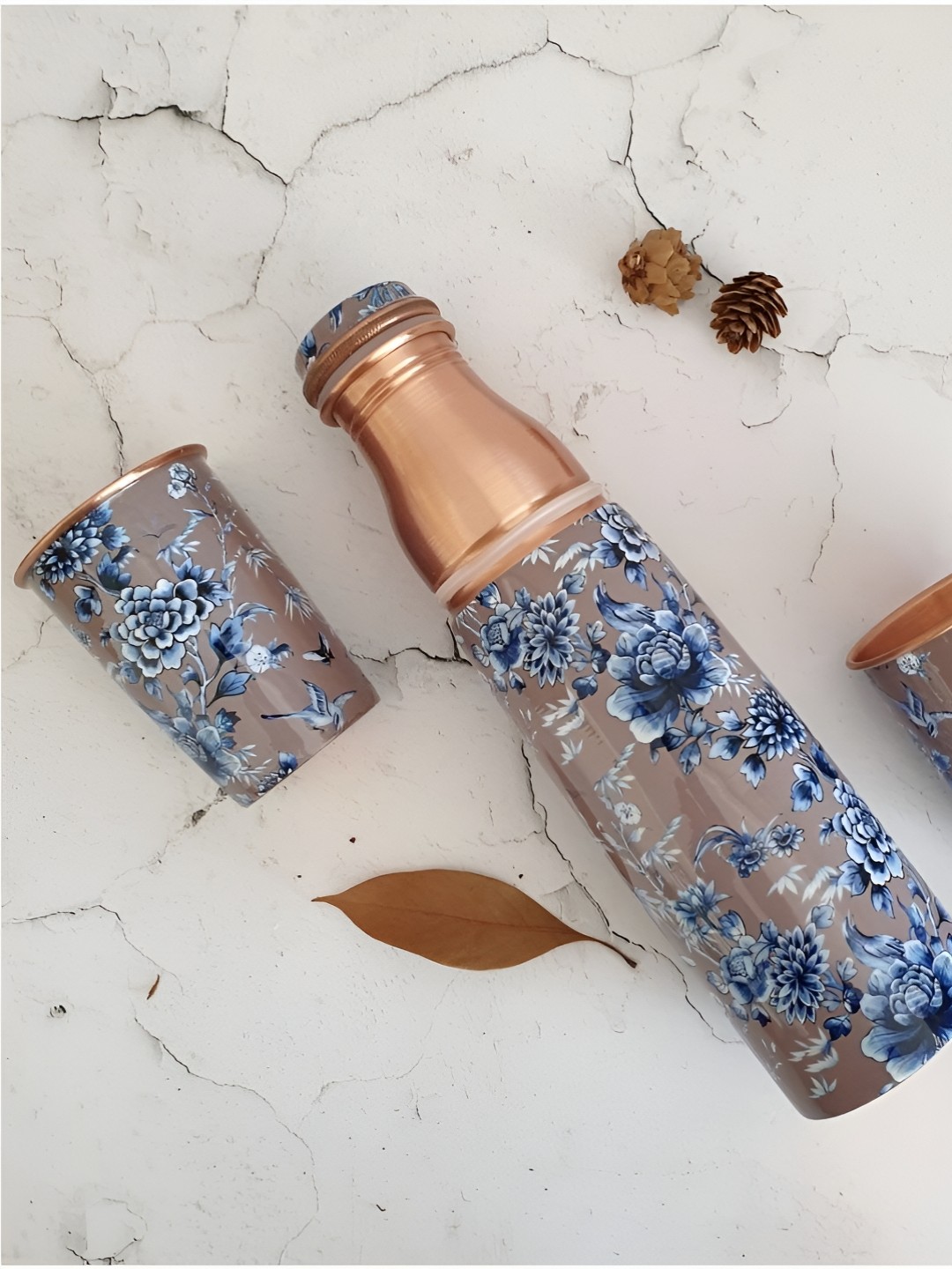 

BLANK SLATE HOME Enchanted Forest Blue 3 Pieces Printed Copper Water Bottle & Glass 900ml