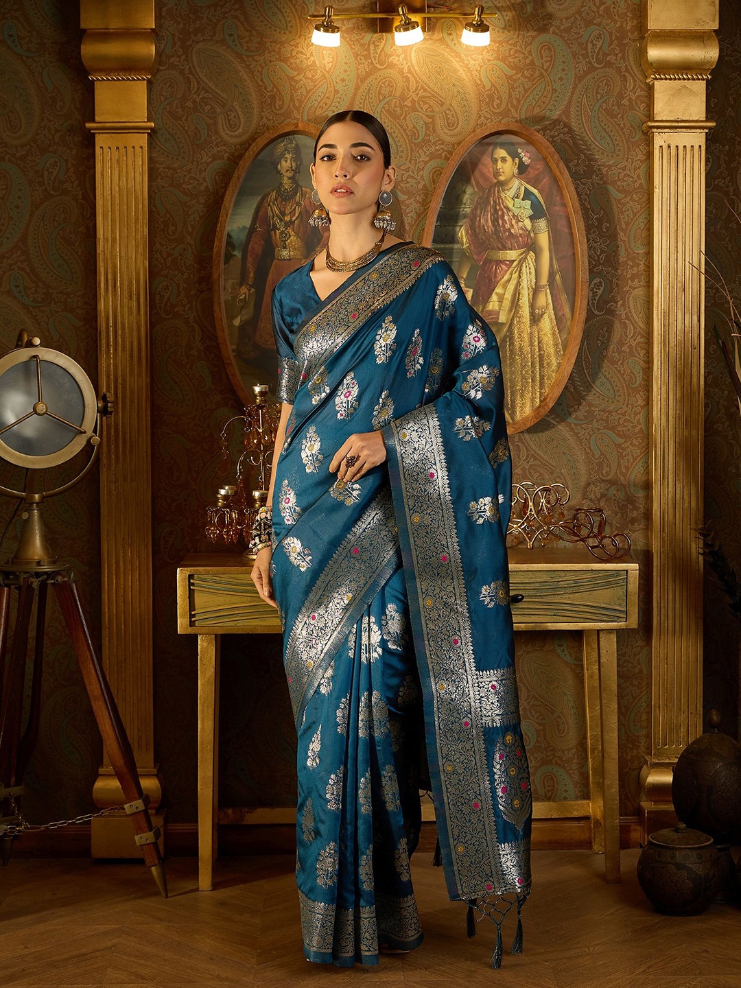 

Sangria Ethnic Motifs Woven Design Banarasi Saree With Unstitched Blouse, Blue
