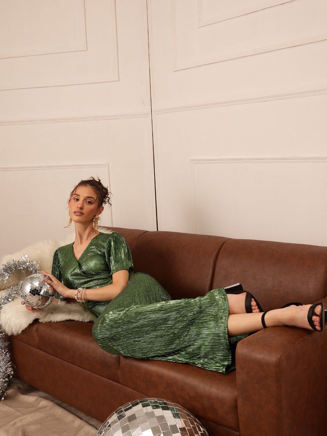 

KALINI Satin Solid Fit & Flare Maxi Dress, Green