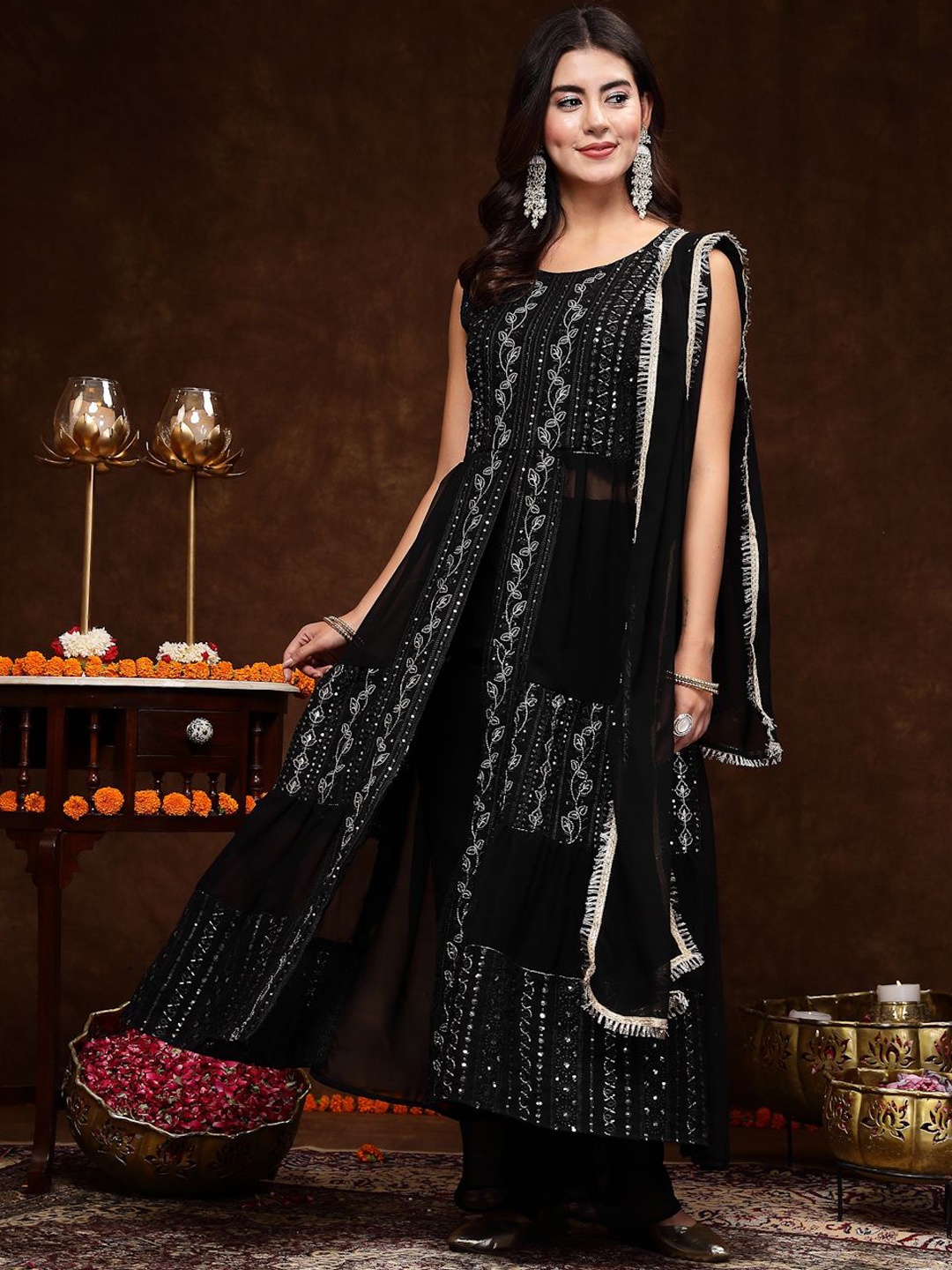 

Stylum Black & Gold Toned Floral Embroidered Sequinned Flared Kurta & Trousers & Dupatta