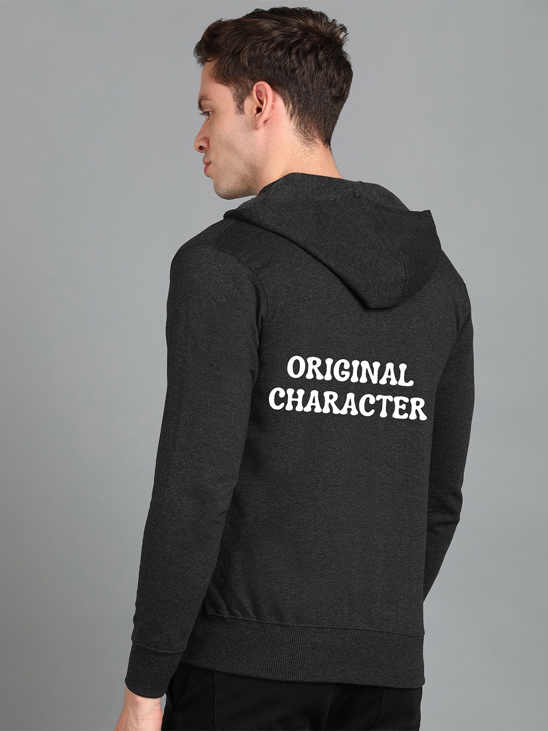 

FALTU.CO Men Printed Hooded Pure Cotton Sweatshirt, Charcoal