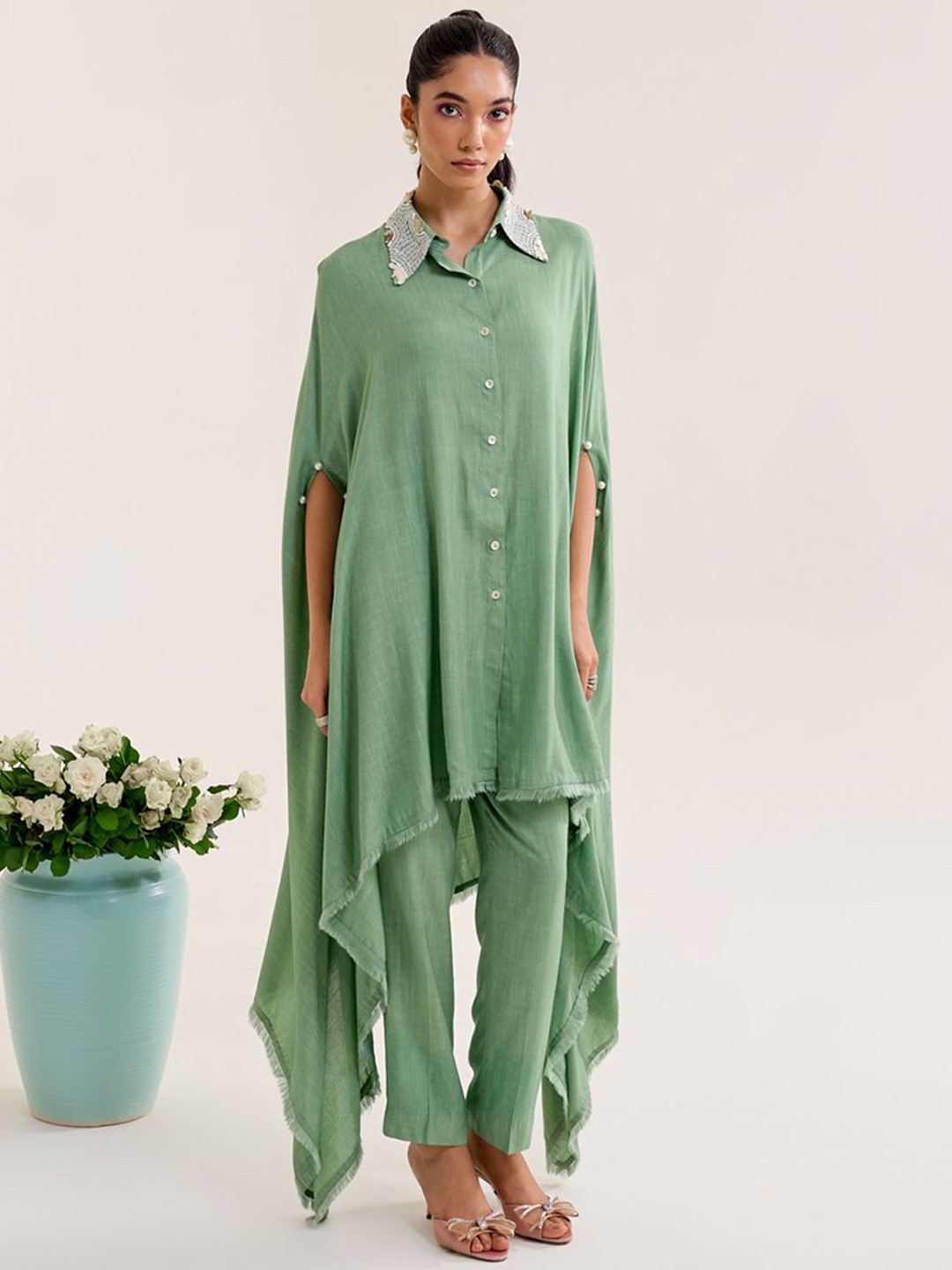 

Siyona by Ankurita Embellished Shirt Collar Tunic With Trousers, Green