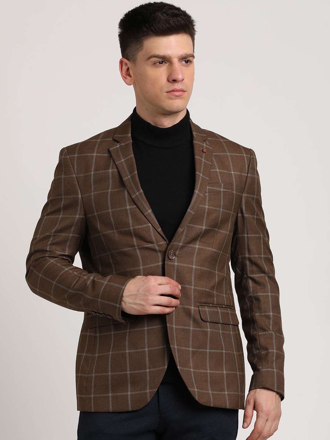 

Turtle Checked Notched Lapel Dobby Weave Single-Breasted Casual Blazer, Brown