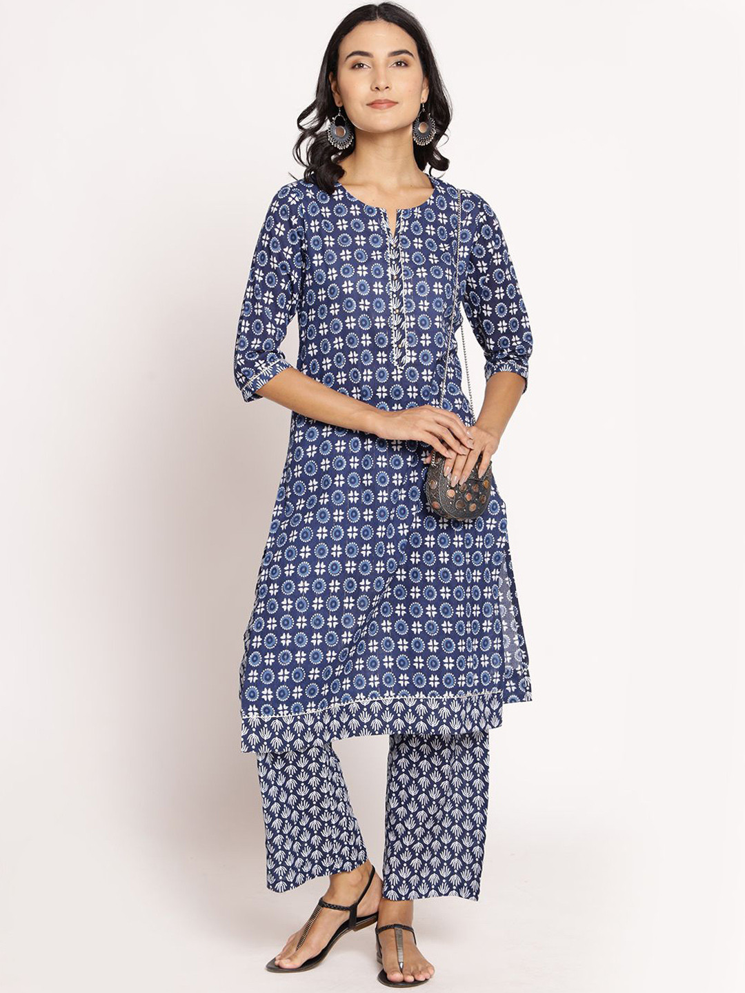 

Shree Floral Printed Pure Cotton Straight Kurta & Trousers, Navy blue