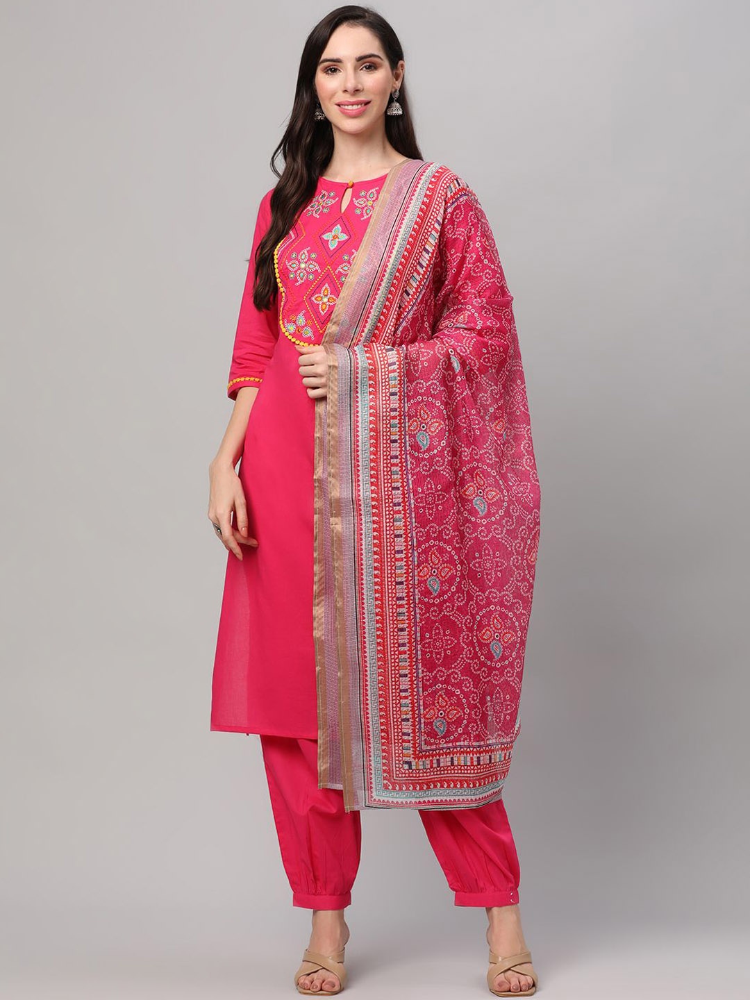 

Shree Ethnic Motifs Embroidered Pure Cotton Straight Kurta & Salwar With Dupatta, Fuchsia