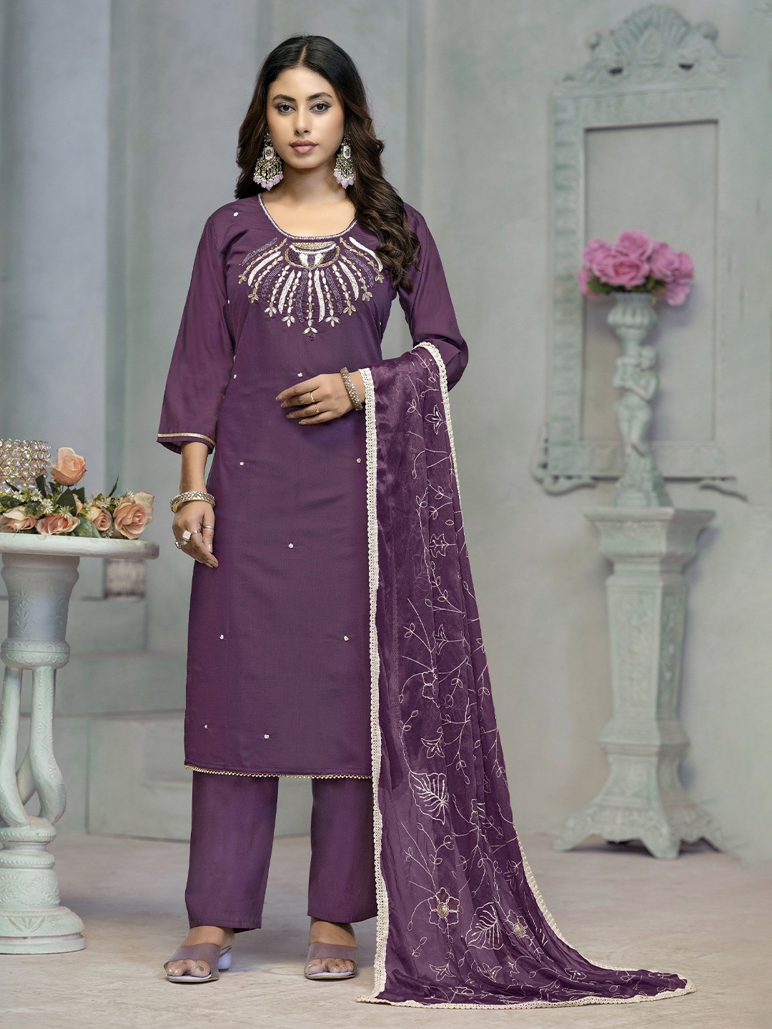 

MANVAA Women Embellished Thread Work Straight Kurta With Trouser & Dupatta, Purple