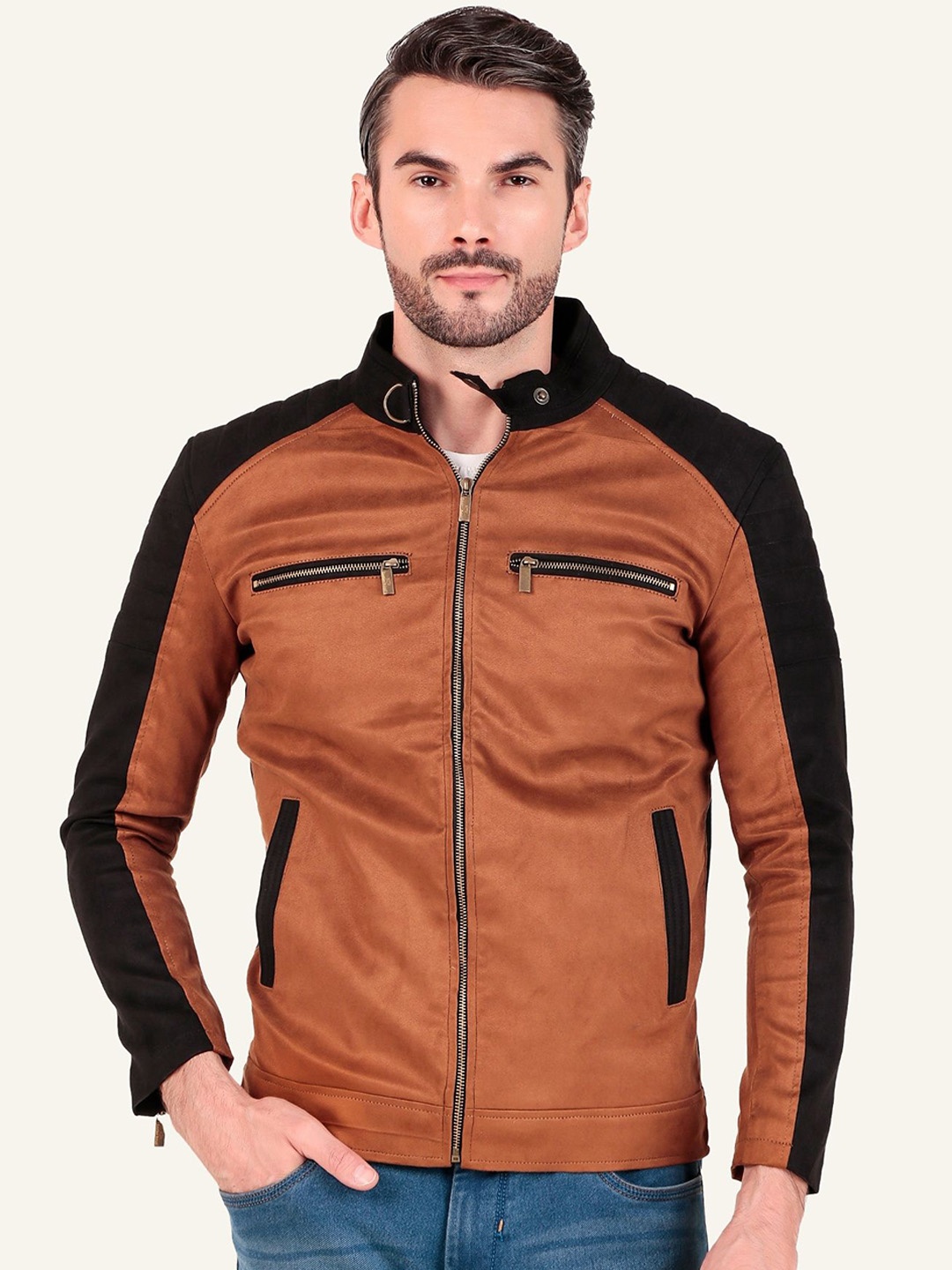 

Leather Retail Men Solid Biker Jacket, Brown