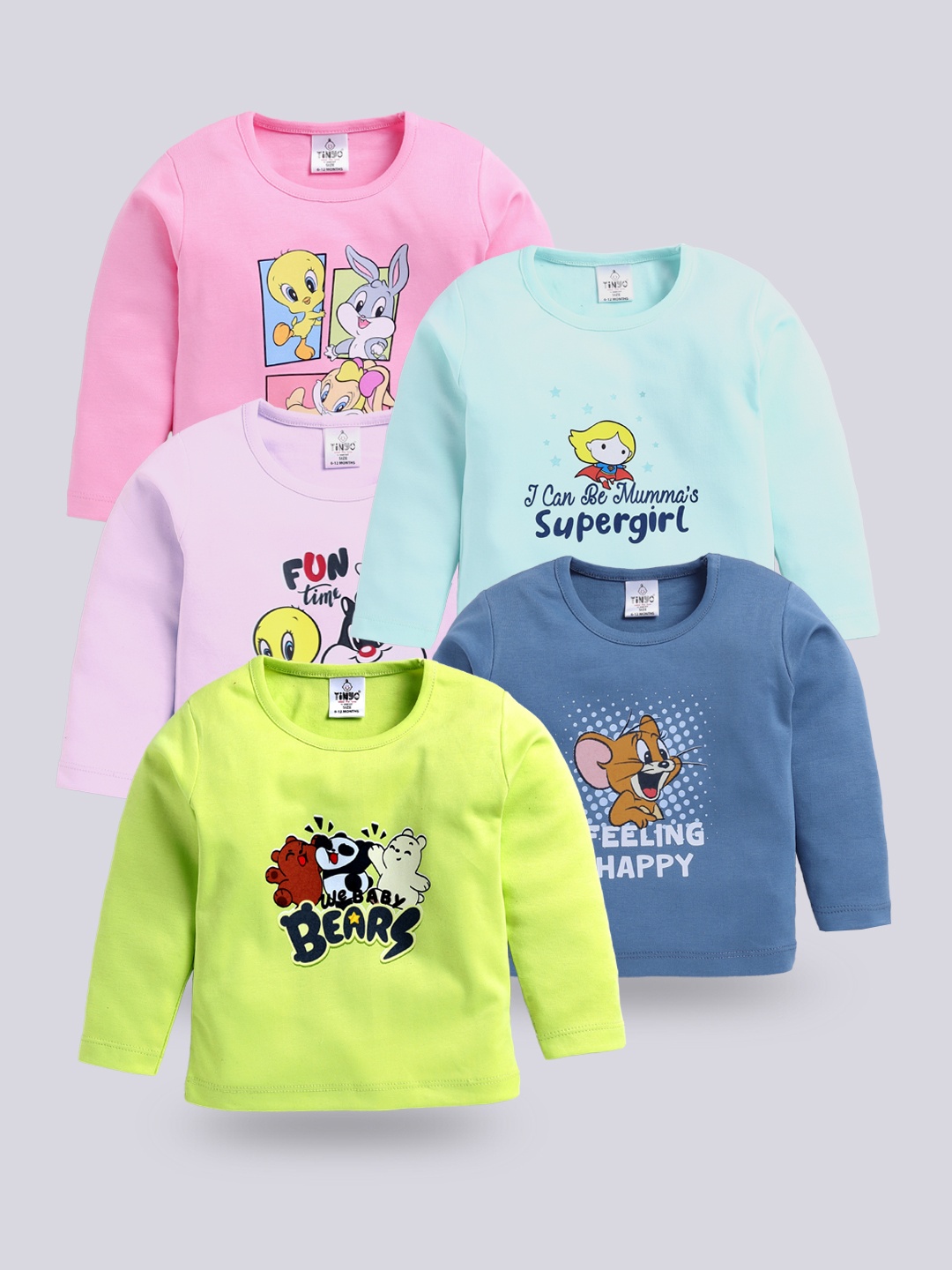 

YK X Tinyo Infant Girls Pack of 5 Printed Pure Cotton T-shirts, Pink