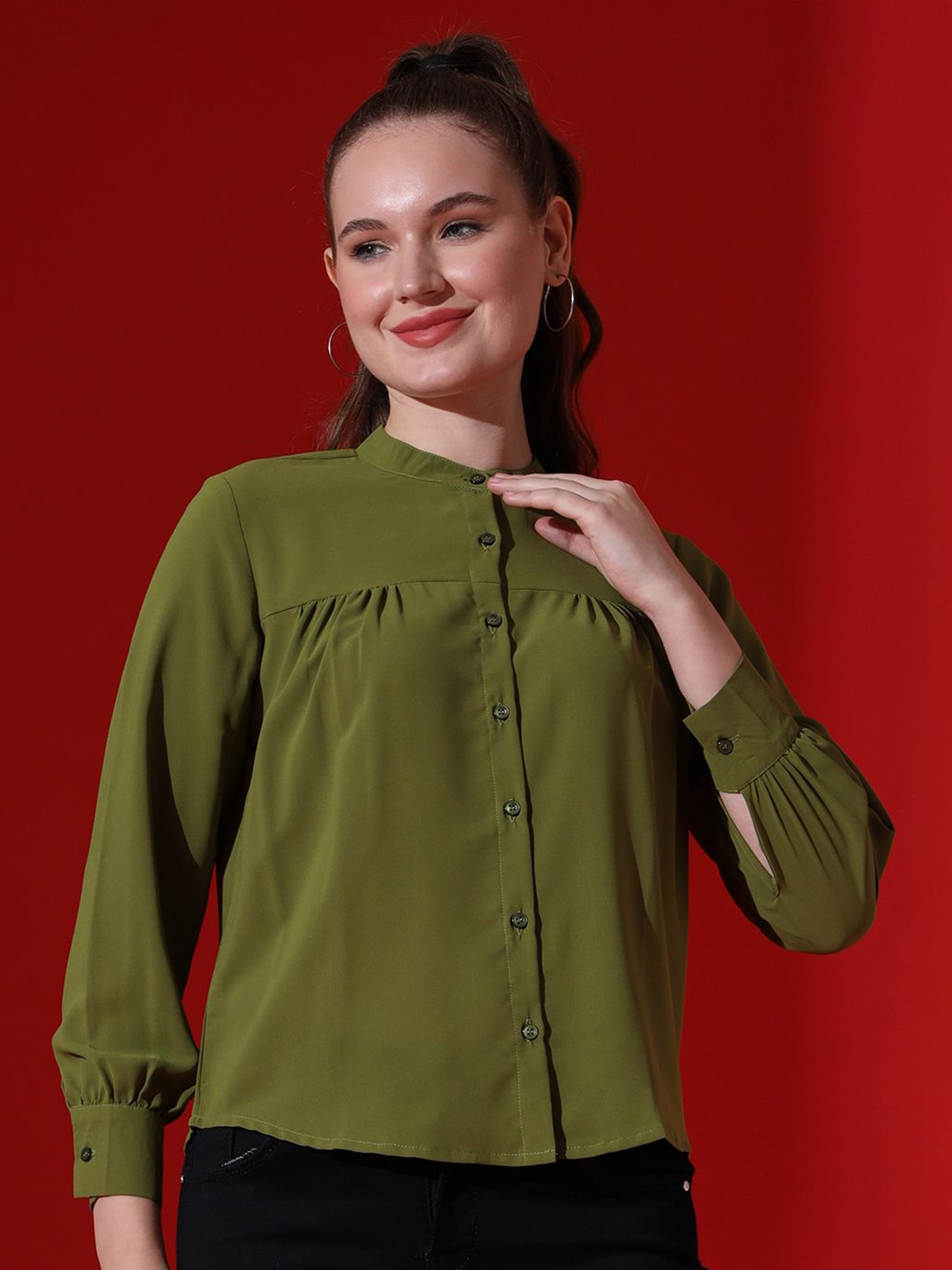 

FITHUB Women Band Collar Solid Polycotton Casual Shirt, Green