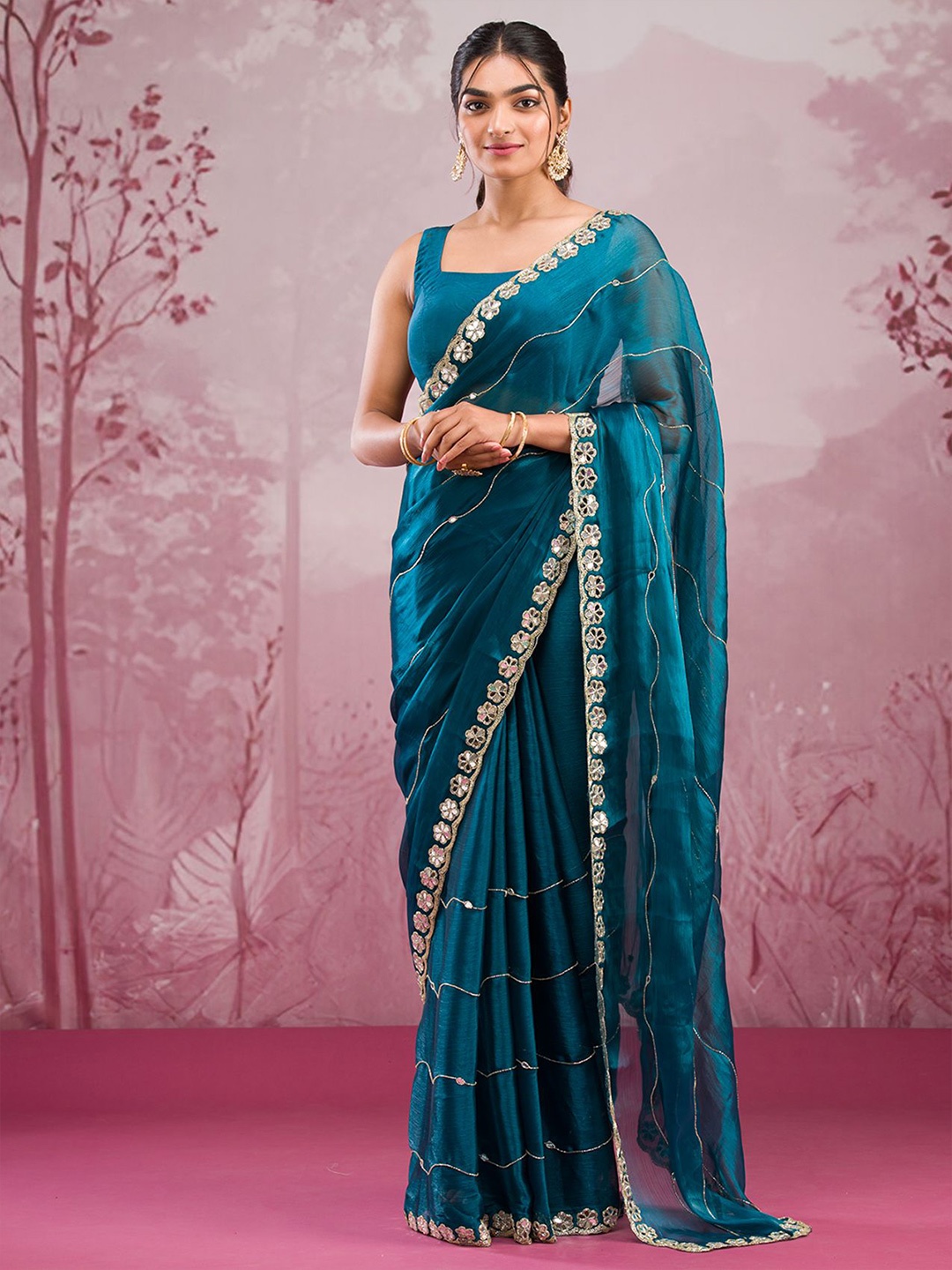 

Koskii Striped Mirror Work Poly Georgette Saree, Blue