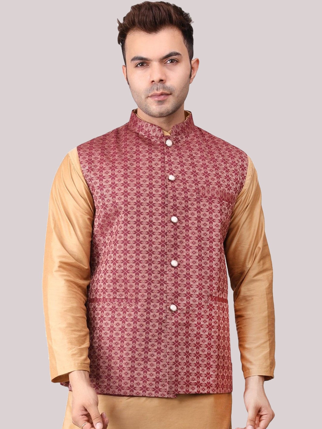 

Voniry Men Woven Design Nehru Jacket, Maroon