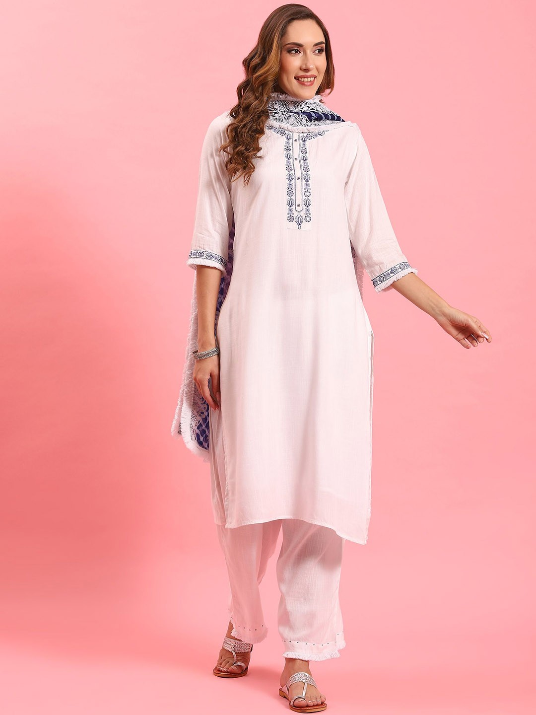 

Shree Floral Yoke Design Thread Work Straight Kurta with Trousers & Dupatta, White
