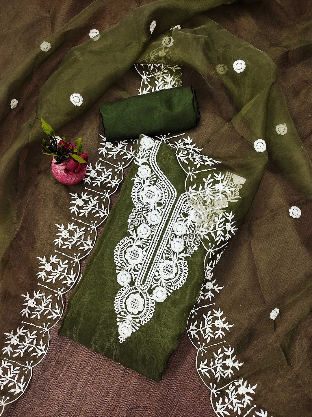 

Ishin Blue Ethnic Motifs Embroidered Organza Unstitched Dress Material, Olive