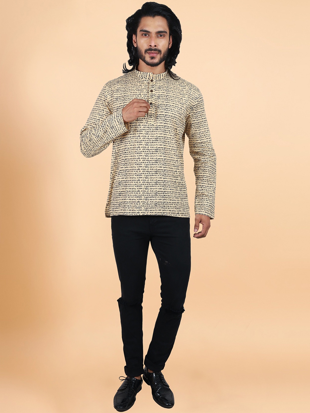 

ETHNIC FACTORY Typography Printed Mandarin Collar Cotton Straight Short Kurta, Beige