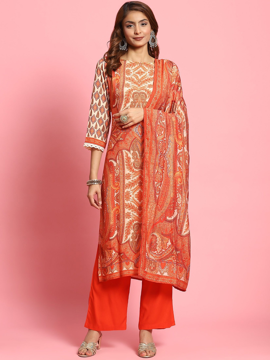 

Shree Ethnic Motifs Printed Beaded Boat Neck Straight Kurta With Trousers & Dupatta, Orange