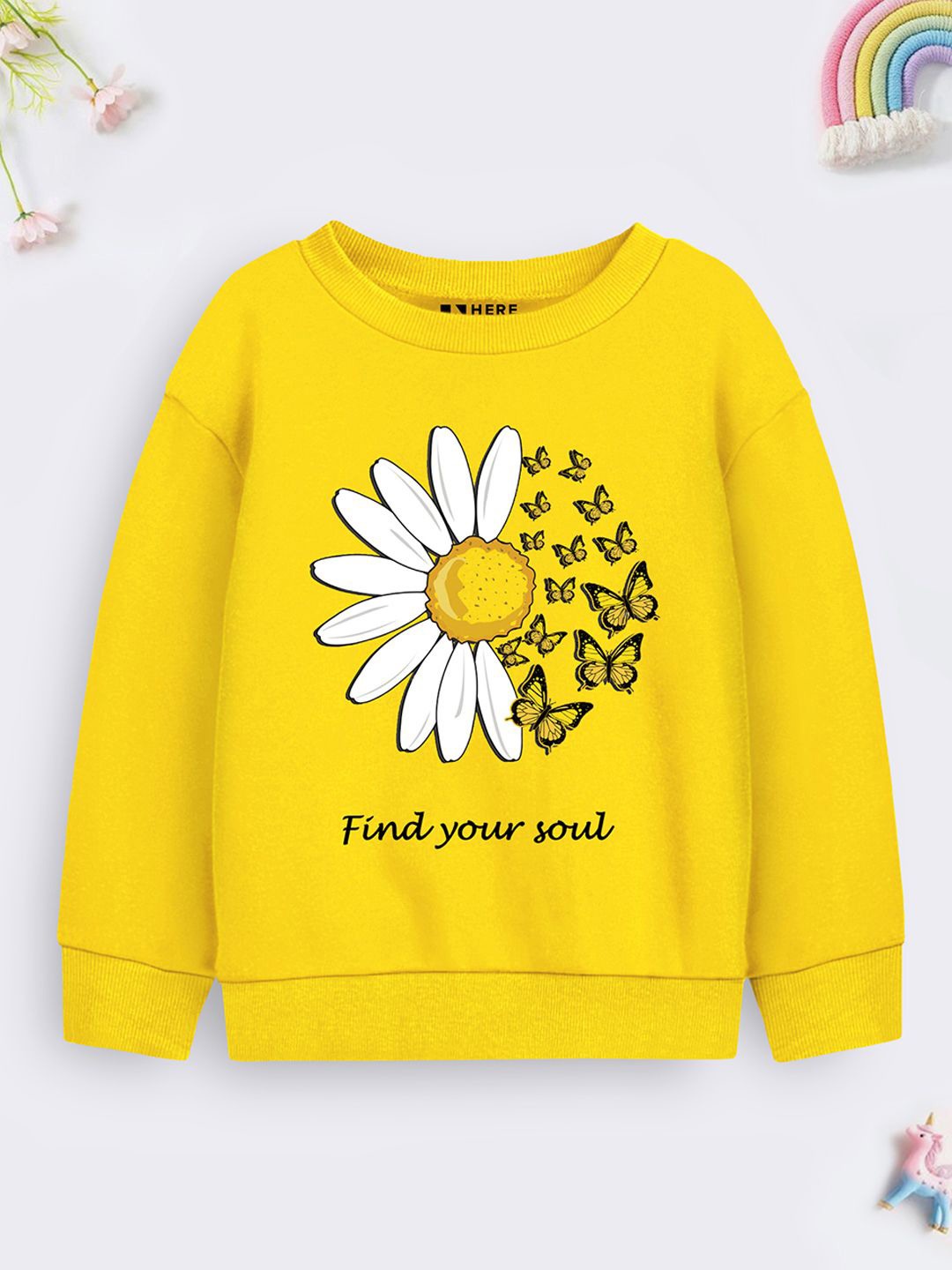 

HERE&NOW Girls Graphic Printed Round Neck Cotton Sweatshirt, Yellow