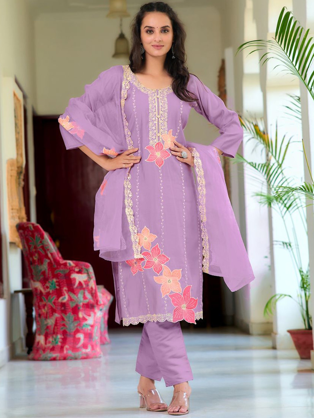 

Berrylicious Floral Embroidered Chanderi Cotton Kurta With Trousers & Dupatta, Lavender
