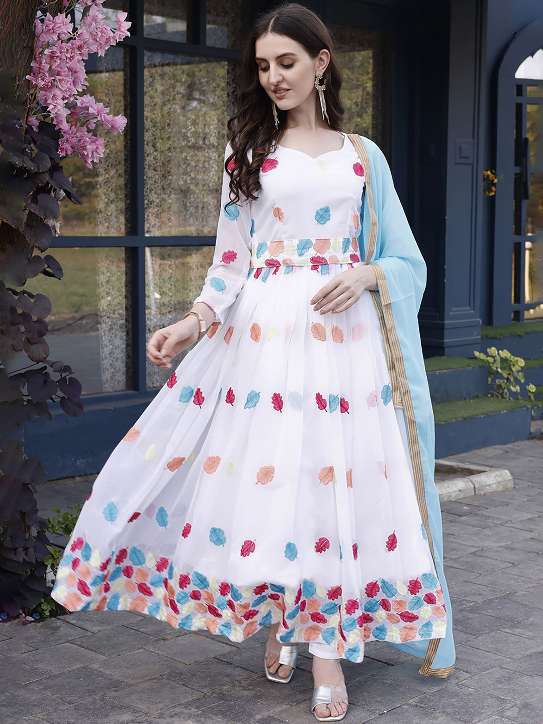 

BAESD Ethnic Motifs Embroidered Georgette Fit and Flare Dress, White