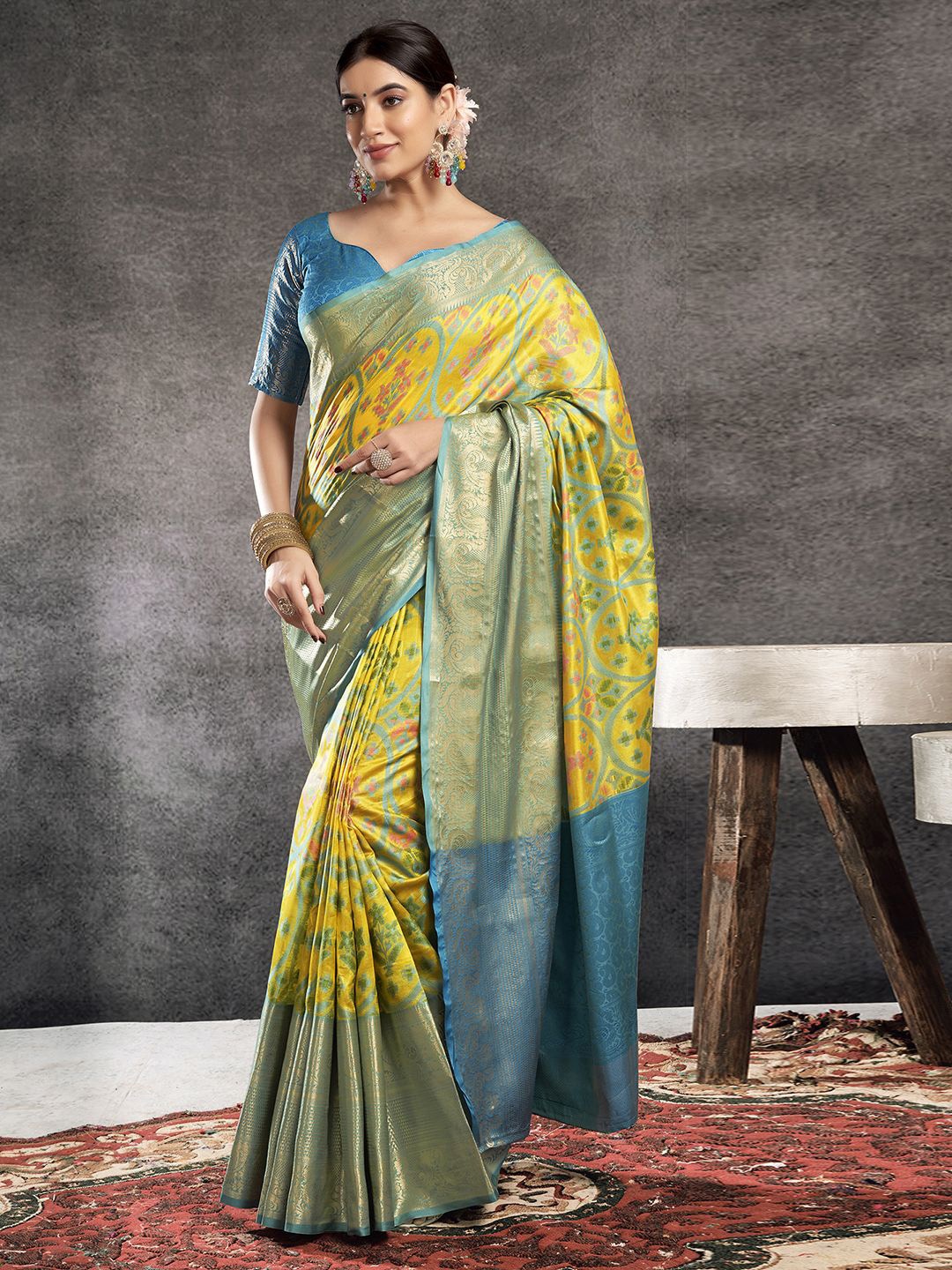 

all about you Woven Design Zari Pure Silk Banarasi Saree, Yellow