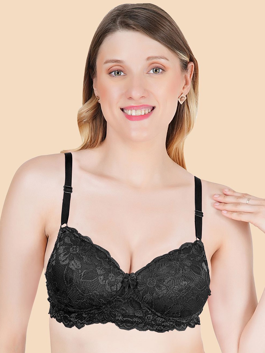 

Joomie Floral Full Coverage Lightly Padded Bra, Black