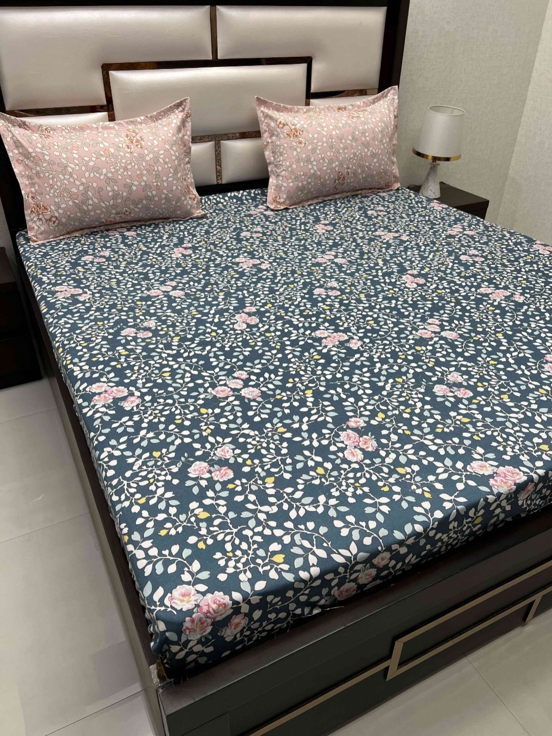 

Pure Decor Manor Blue & Pink Floral Printed Fitted 220 TC King Bedsheet & 2 Pillow Covers
