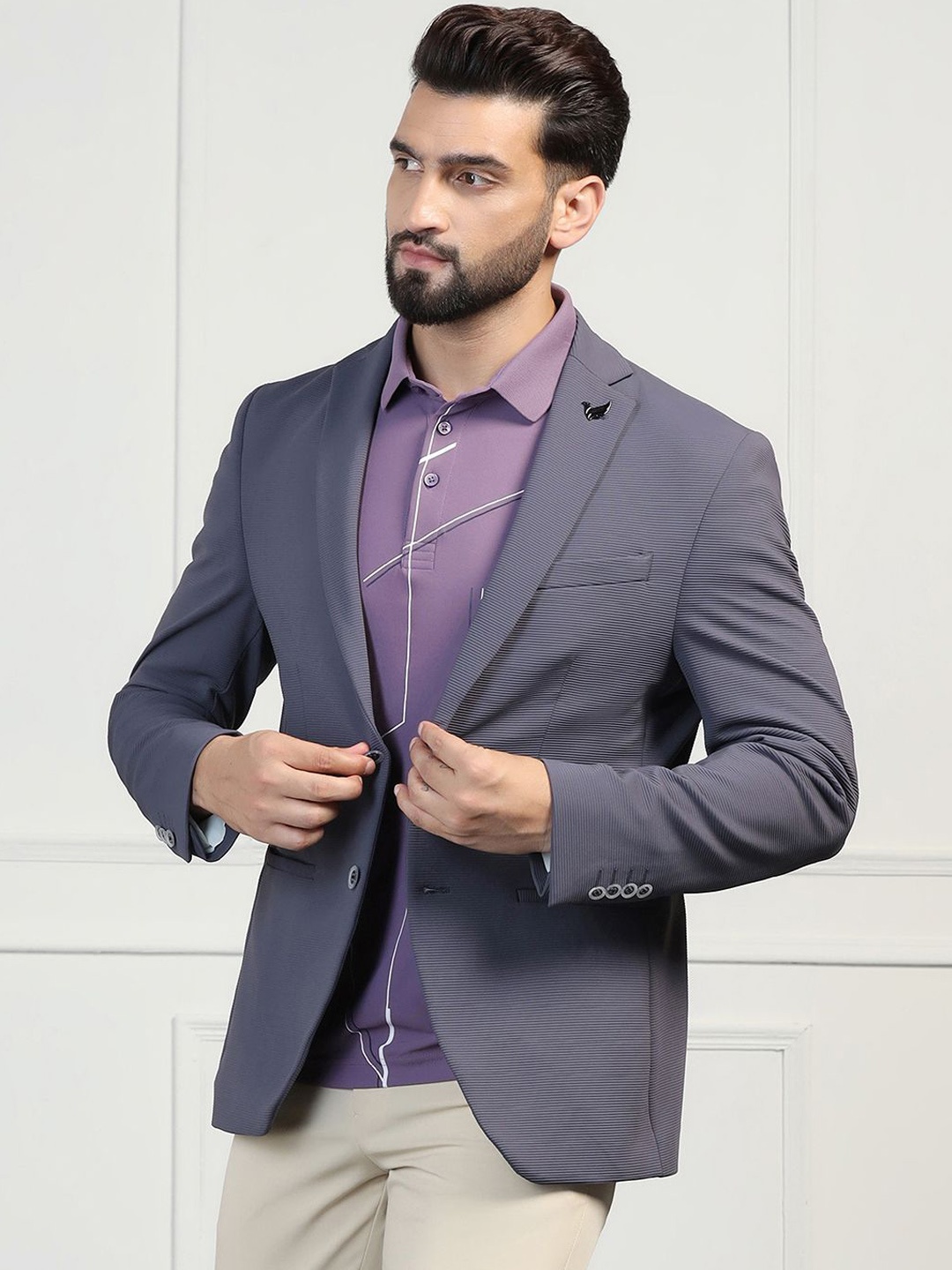 

Blackberrys Striped Single-Breasted Slim-Fit Formal Blazer, Grey